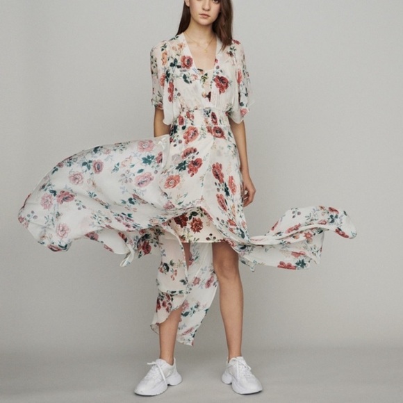 Maje Dresses & Skirts - Maje Rachelle Asymmetric Floral Print on Off White size 3 or Small Slit Front